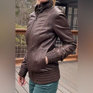 Mackage x Aritzia Lambskin Leather Hooded Bomber Women’s Jacket Brown Khaki XS